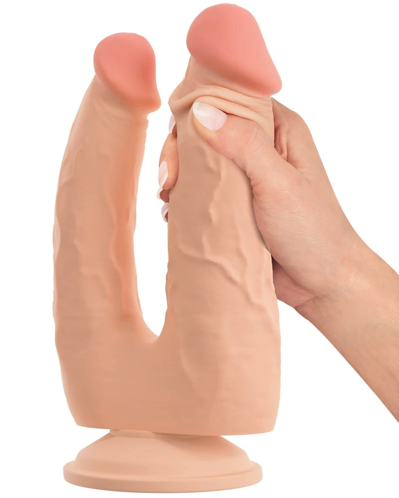 Nature Skin Bendable Double Pe, Doppel-Naturdildo mit Saugfuß realistisch bewegliche Hautstruktur biegsam mit Äderungen und ausgeprägten Eicheln