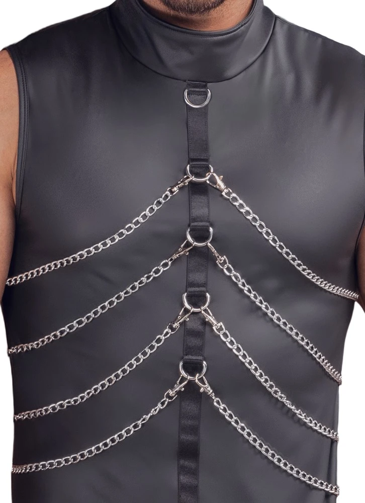 Mattlook Shirt von NEK – ärmellos, enganliegend und betont sexy mit Fesselringen vorne und hinten, abnehmbaren Karabinerketten und Stehkragen mit Druckknopfverschluss für einen heißen Bondage-Look