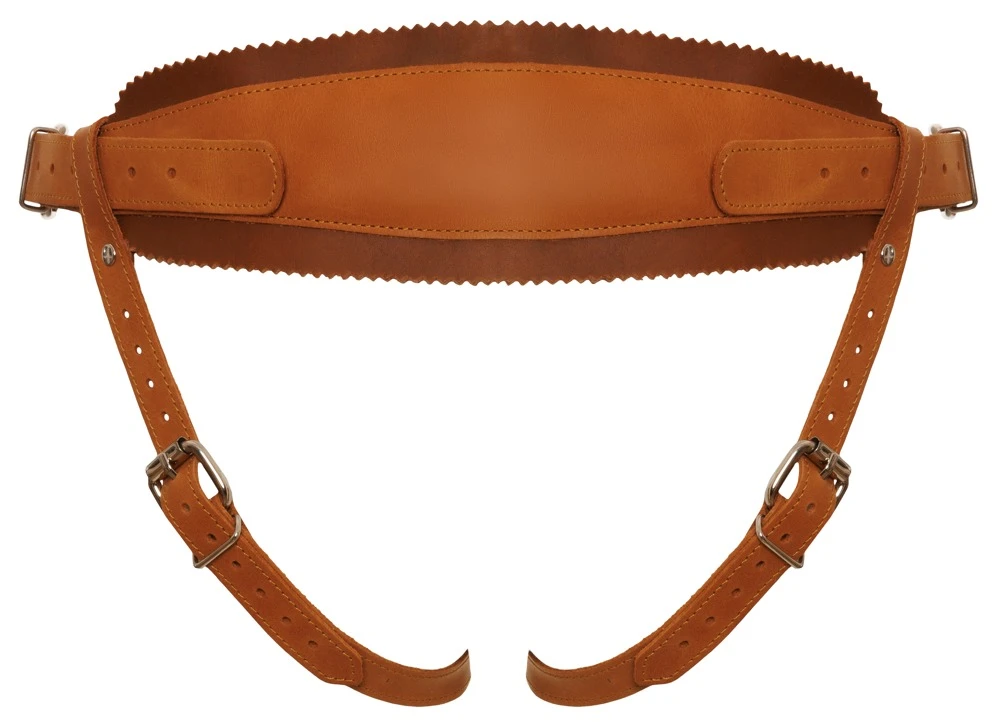 Strap-on-Jock von ZADO aus glattem Leder in typischer Naturoptik mit silberfarbenen Metalldetails. Doppellagig gearbeitet und mit leicht gepolstertem Rücken.