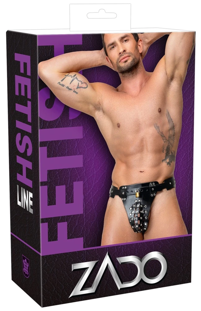 Leder Herren Jockstrap, ZADO Keuschheits-String aus Leder mit Schlössern, Nieten-Design, Plug-Halterung und silberfarbenen Beschlägen