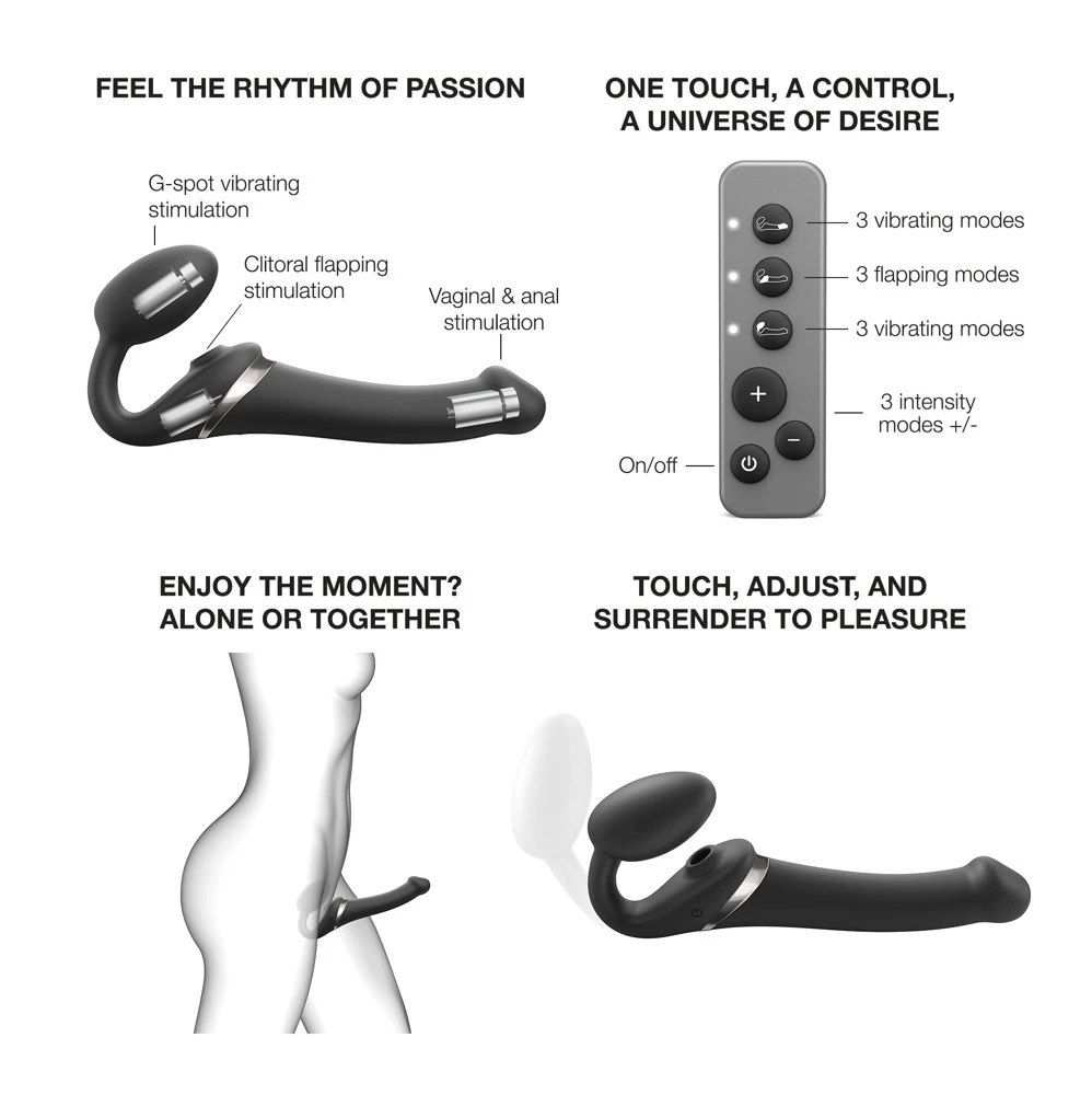Multi Orgasm Bendable S Black, Strap-on-me Multi Orgasm Bendable Strap-on-Vibrator mit Fernbedienung, 3 leisen Motoren, Klitoris-Licking-Funktion und separat steuerbarer Schaft- und Plug-Vibration