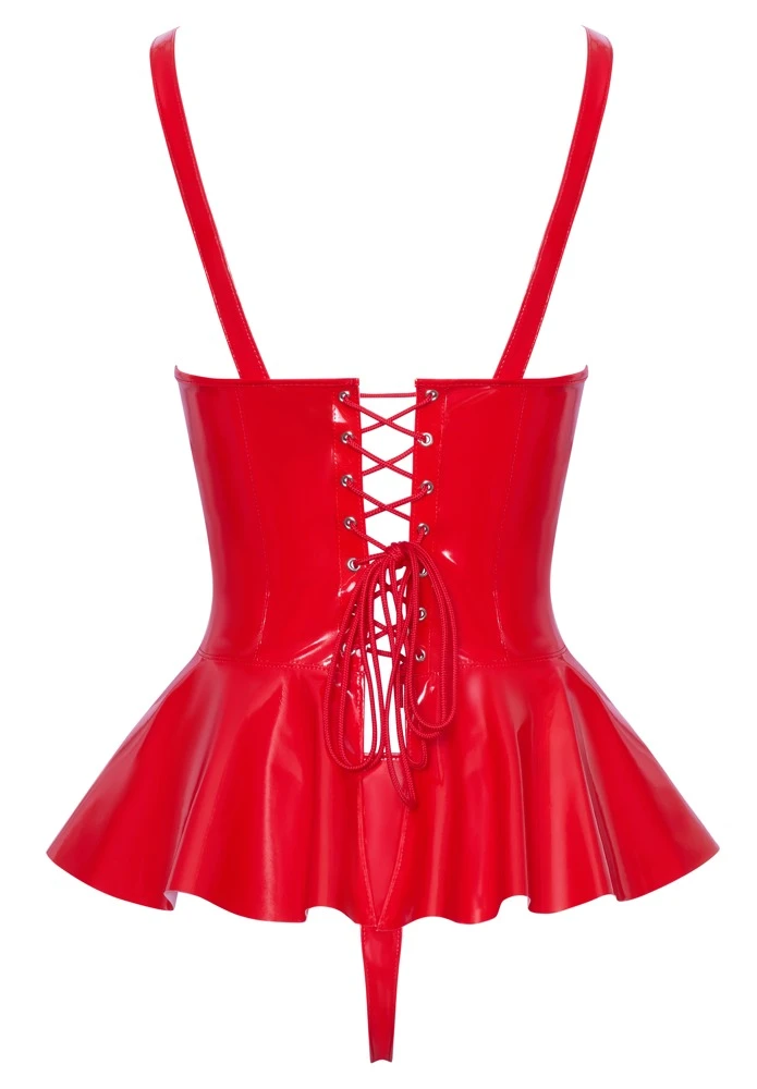 Glänzendes Kinky Lack-Set von Black Level in Rot: Tailliertes Schößchen-Top mit Reißverschluss, variabler Schnürung und Riostring! Glänzendes Kinky Lack-Set von Black Level in Rot: Tailliertes Schößchen-Top mit Reißverschluss, variabler Schnürung und Riostring!