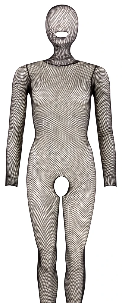 Hochelastischer Catsuit ouvert mit Kopfmaske ohne Augen- und Nasenlöcher. Lediglich der Mund bleibt frei.
