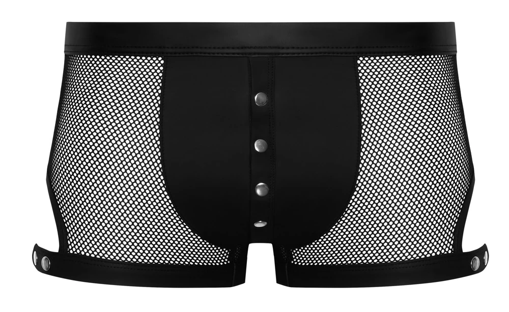 Schwarze Netz-Pants von NEK mit verstellbaren Schenkelriemen, Druckknopfleiste und elastischem Bund für optimalen Tragekomfort