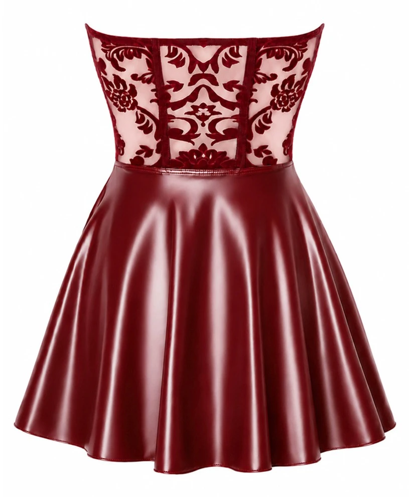 Noir Sexy trägerloses Corsagen-Minikleid in Burgunderrot mit Samtflockprint, Powerwetlook-Rock und raffinierter Zweiteiler-Optik
