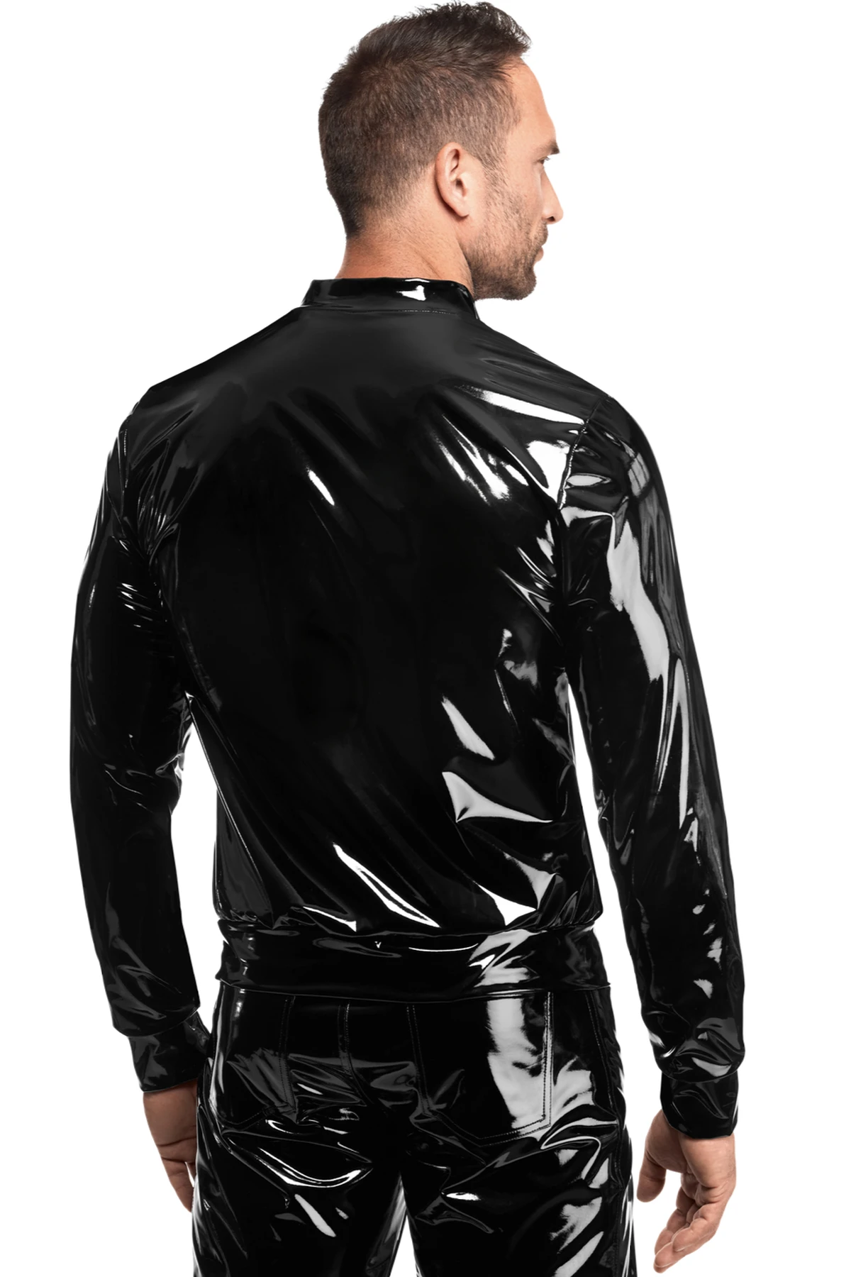 Herren Kinky Lack Jacke H092 aus glänzendem, dehnbarem Material mit breitem Bund, schwarzem Front-Reißverschluss und funktionalem 2-Wege-Zip für markante Styles von Noir Handmade Men