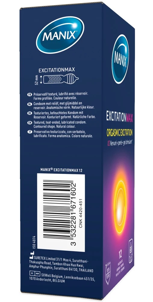Manix Excitation Max 12er, Intensive Pleasure Kondome im erotischen Wetlook-Vibe mit stimulierenden Noppen & Rillen, konturierter Passform und wärmender Beschichtung für maximierte Leidenschaft