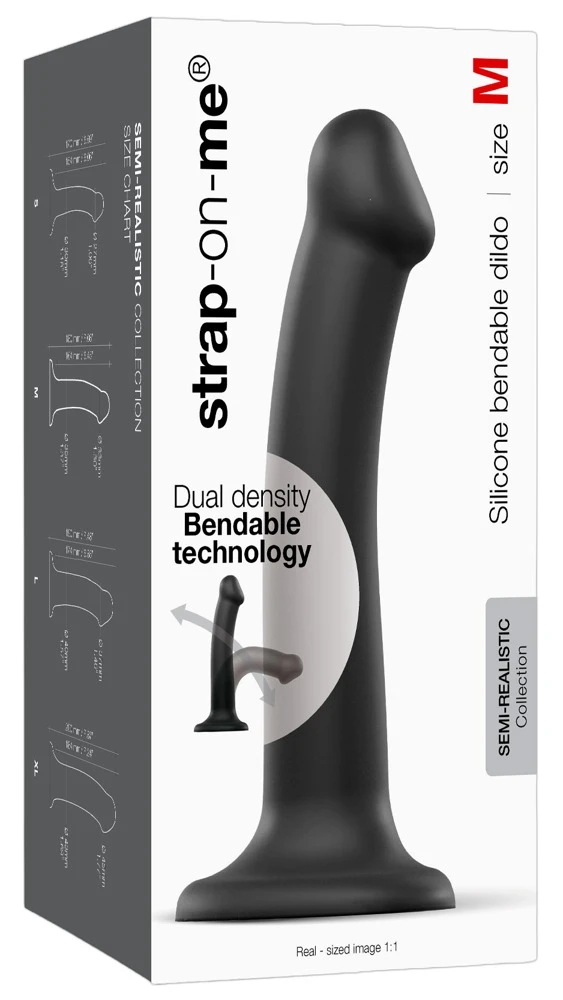 Semi-Real.Dildo M Black, Strap-on-me Dual Density Bendable Dildo aus Silikon mit starkem Saugfuß, biegsamem flexiblem Schaft, hautähnlicher Oberfläche und sicherem Halt für vielseitigen Einsatz