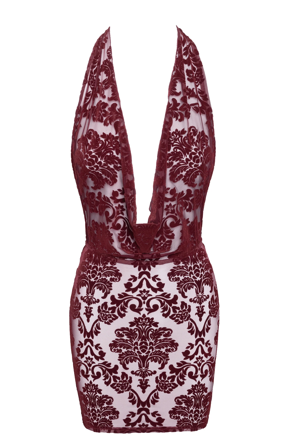 F385 Minikleid Kinky Royal aus weichem elastischem Netz mit floralem Samtdruck, tiefem Wasserfallausschnitt und rückenfreiem Design bis zum Po von Noir Handmade