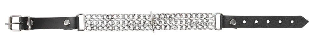 Schwarze Leder-Halsfessel von ZADO mit 3 Metall-Gliederketten, an denen vorne ein Ring befestigt ist.