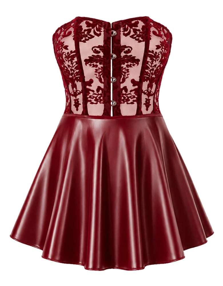 Noir Sexy trägerloses Corsagen-Minikleid in Burgunderrot mit Samtflockprint, Powerwetlook-Rock und raffinierter Zweiteiler-Optik
