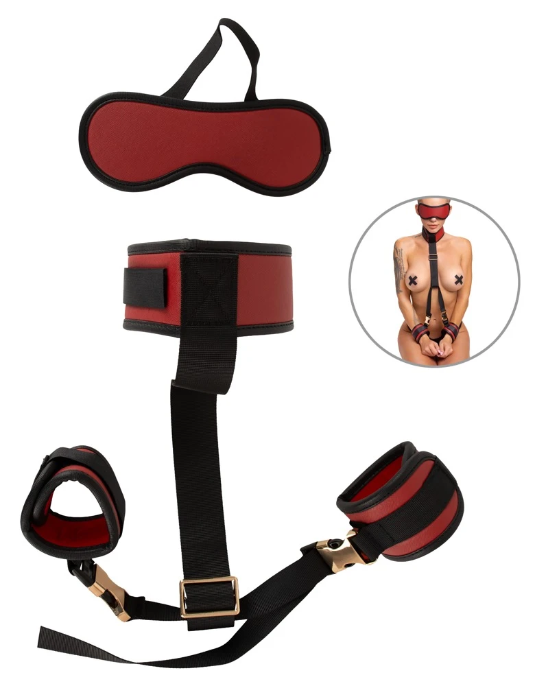 Bad Kitty Neck to Wrist Bondag, Sexy Bondage Set Halsfessel Handfesseln Augenmaske rot schwarz Lederlook gold Details verstellbar abnehmbar kinky Set
