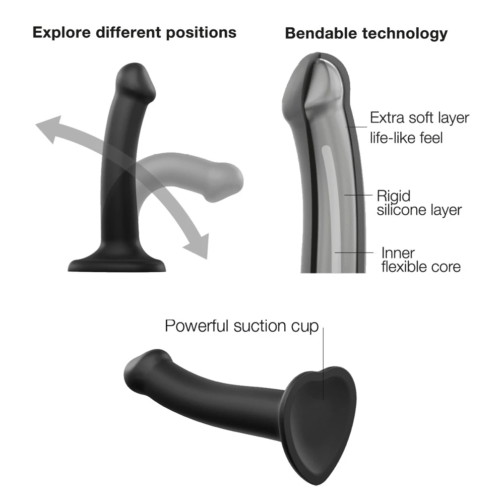Semi-Real.Dildo M Black, Strap-on-me Dual Density Bendable Dildo aus Silikon mit starkem Saugfuß, biegsamem flexiblem Schaft, hautähnlicher Oberfläche und sicherem Halt für vielseitigen Einsatz