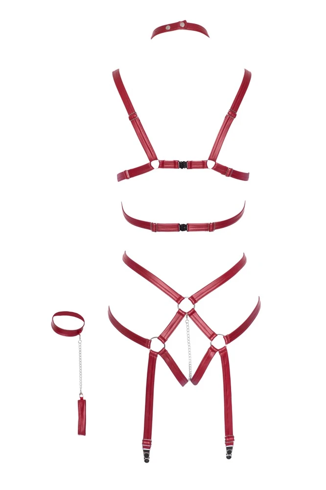 Extravaganter Einteiler von Bad Kitty in Bondage-Optik aus weichen Riemen im edlen dunkelroten Mattlook.