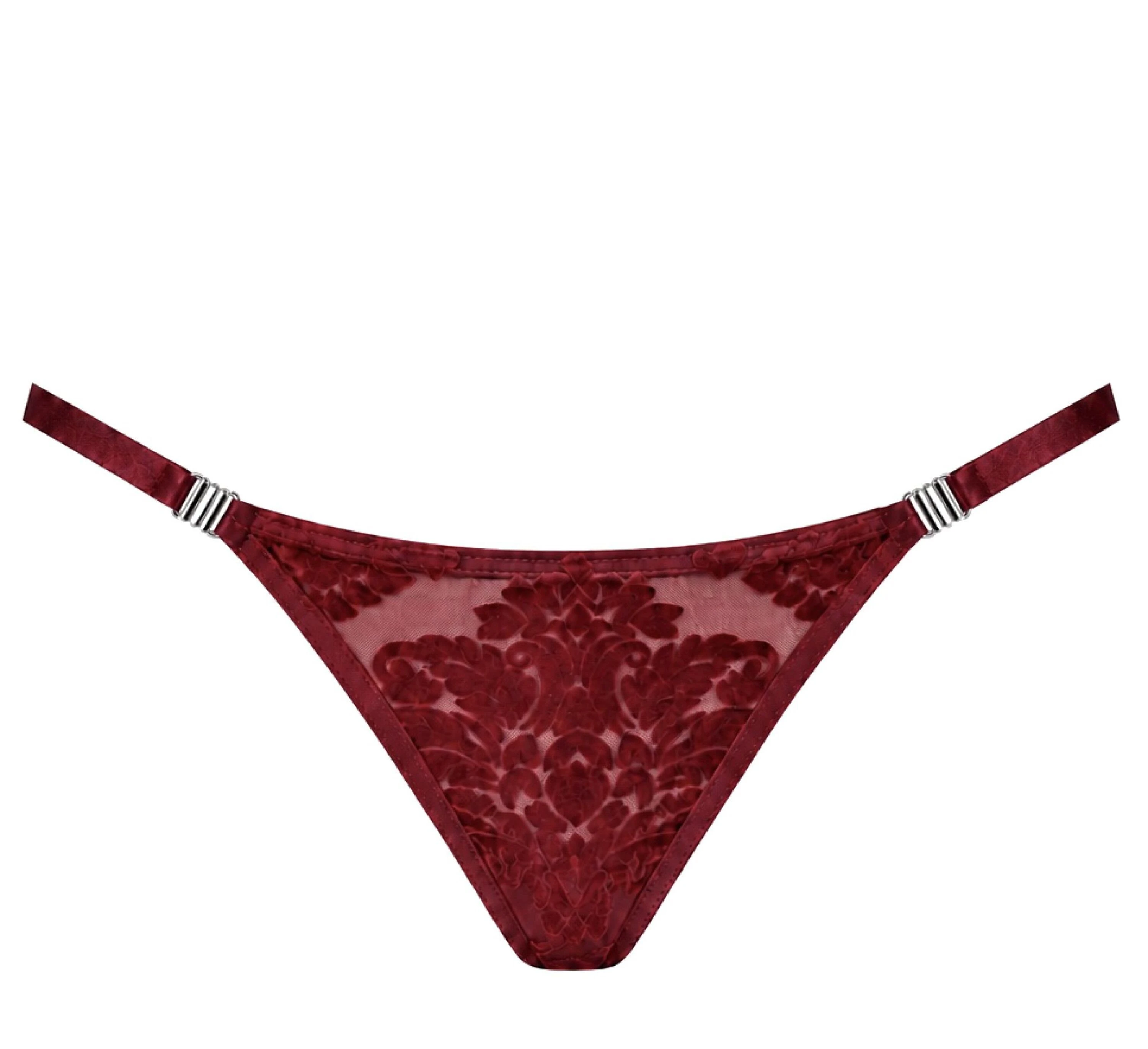 String aus transparentem Tüll - Noir Handmade F426 Masquerade - sexy in Burgunder mit Beflockung und silberfarbenen Verschlüssen
