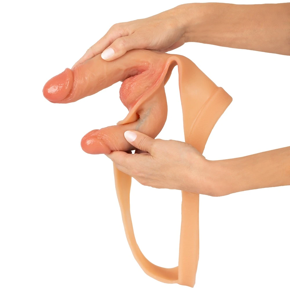 Ultra Realistic Double Penis, Double Penis String mit Innen- & Außendildo aus Silikon im Naturlook für intensives Liebesspiel