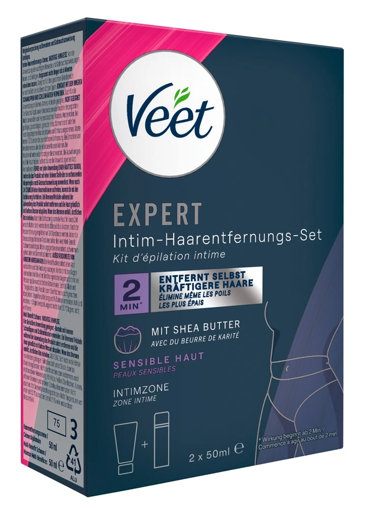 Veet EXPERT Set, Veet EXPERT Intim-Haarentfernungs-Set mit Shea Butter – gründliche Haarentfernung & 48h Feuchtigkeitspflege für sensible Haut