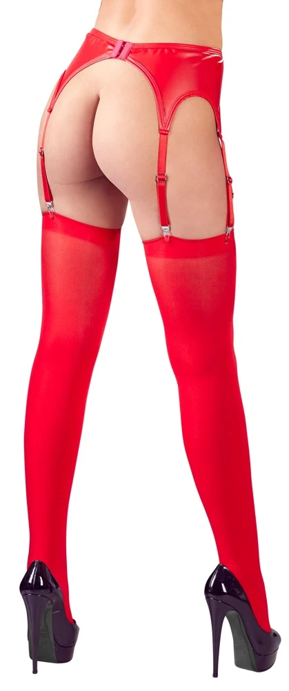 Strapsgürtel mit Strümpfen - Cottelli LINGERIE - sexy Set in Rot mit Wetlook, sechs verstellbaren Strumpfhaltern und Hakenverschluss
