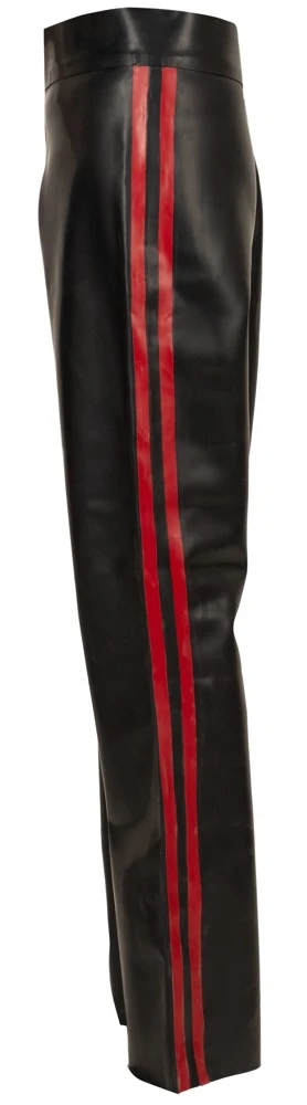 Latex-Hose Bootcut Schwarz-Rot im Kinky Racing-Look mit Seitenstreifen aus Premium-Latex für einen kraftvollen glänzenden Auftritt – LateX