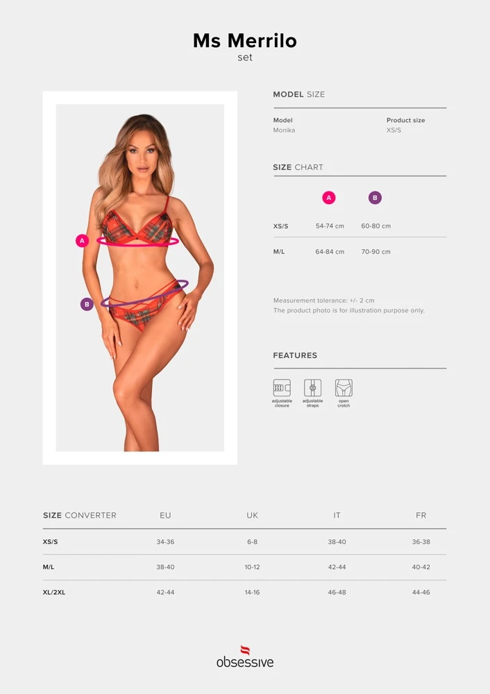 Weihnachtliches Karo-Dessous-Set, Lingerie BH & Riostring ouvert mit Schneeflocken, Plüsch-Bommel und verstellbaren Trägern, weißen Plüsch-Bommel