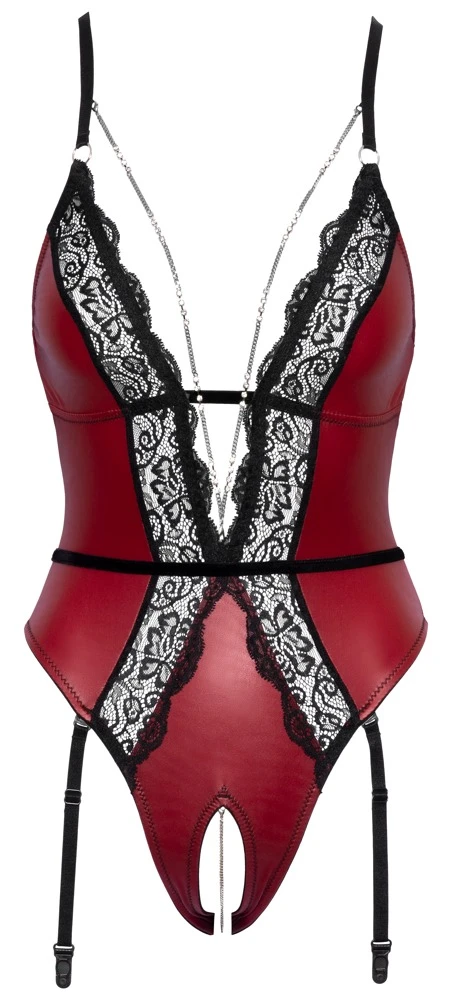 Body ouvert von Abierta Fina im edlen roten anschmiegsamen Mattlook mit silhouetteführenden schwarzen Spitzeneinsätzen vorne und hinten.
