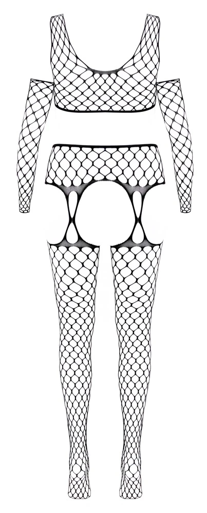 3-teiliges Netz Dessous Set schwarz mit Top, Straps-Strumpfhose & Armstulpen, großmaschig nahtlos elastisch, offen im Schritt