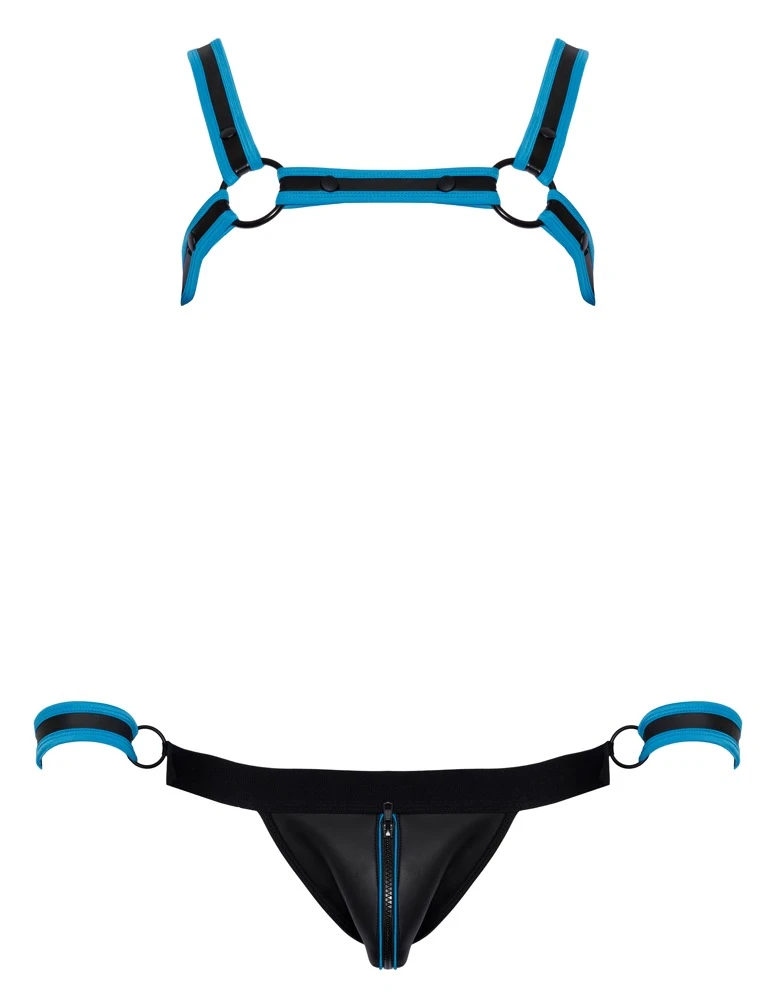 Brustharness, Jock und 2 Handfesseln im Set von Svenjoyment BONDAGE. Extravagante Neopren-Optik in Schwarz mit royalblauen Kontrasten.