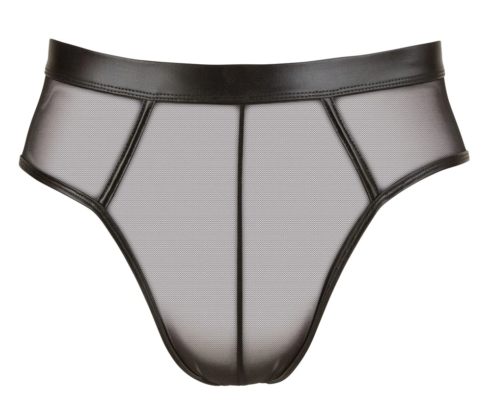 Pofreier Herrenslip von Svenjoyment in Schwarz. Elastische Materialkombination Wetlook mit leicht transparentem Powernet.