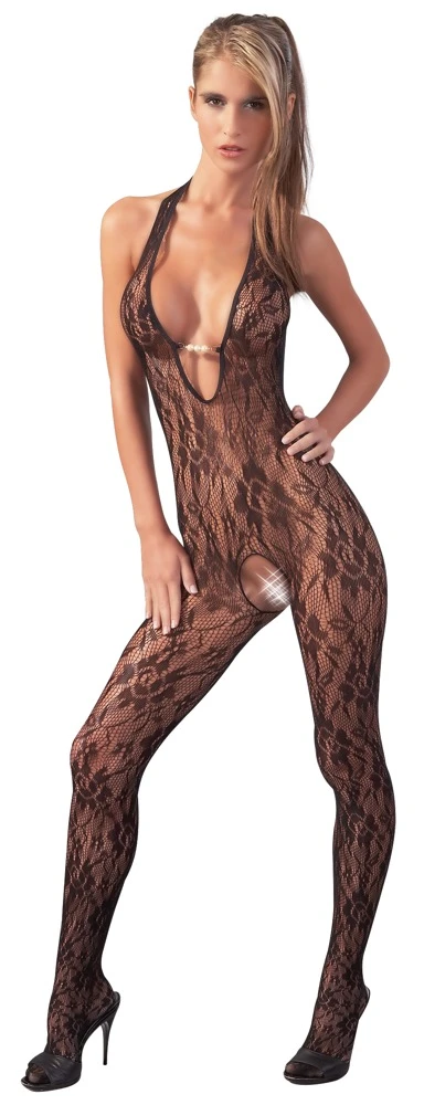 Schwarzer Catsuit aus filigran gearbeitetem Netz, mit Neckholder und drei Perlen am Dekolleté.