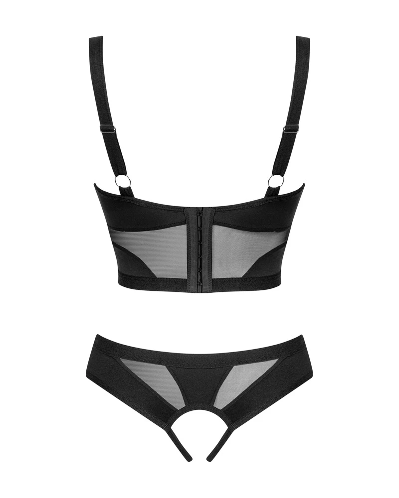 Obsessive Schwarzes Set Chic Amoria mit Longline-Hebe und Slip ouvert. Eleganter Ouvert-Style im stilvollen Mix mit blickdichten Partien und zarten Transparenzen.