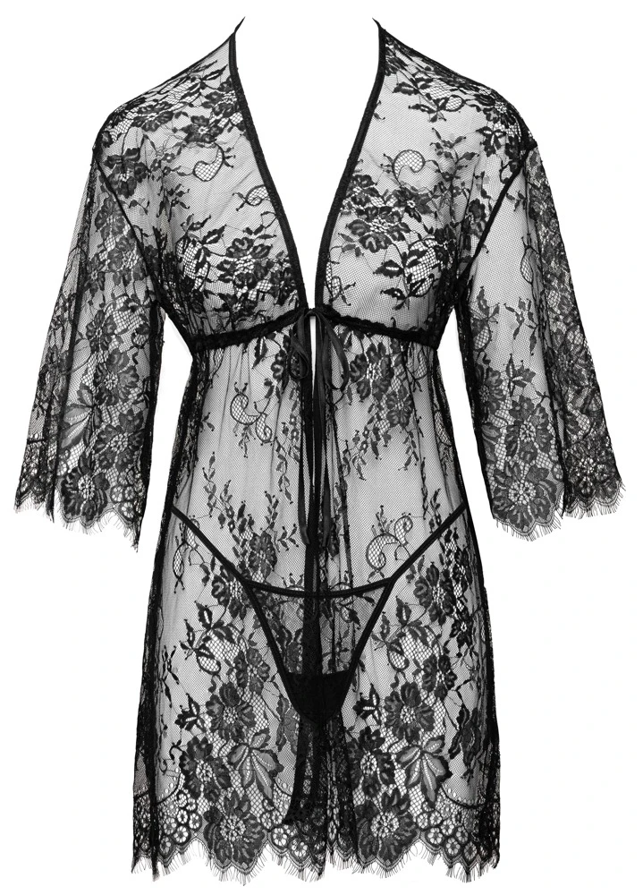 Kurzer Kimono mit String aus feiner Spitze, sexy Eyelash Lace & Satin-Bindeband, weich und elastisch – Cottelli LINGERIE