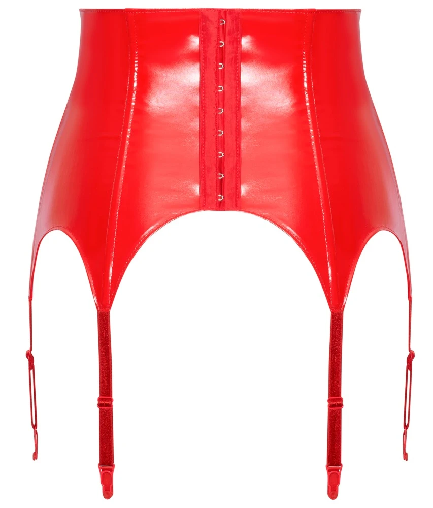 Lack Straps, Feuriger, extrabreiter Kinky Lack-Strapsgürtel mit silbernen Ringen und verstellbaren Strumpfhaltern für perfekte Passform Lack Straps, Feuriger, extrabreiter Kinky Lack-Strapsgürtel mit silbernen Ringen und verstellbaren Strumpfhaltern für perfekte Passform