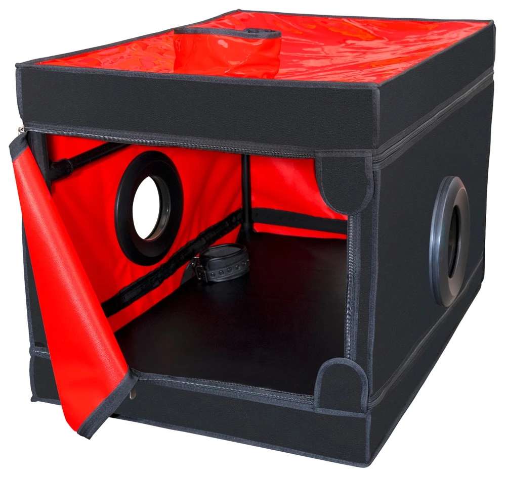 La Niche - Black&Red, Für Rollenspiele gebaut: Geschlossene BDSM-Kabine mit Fesseln, 3 Öffnungen, Halsmanschette und LED-Licht – einfach aufbauen!