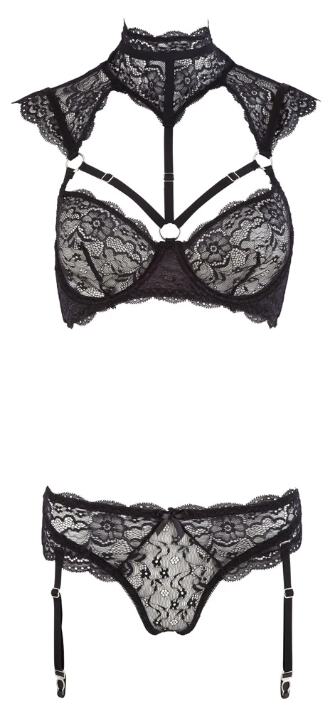 Cottelli LINGERIE aus verfüherischer Blütenpitze Bügel BH Set mit hohem Kragen dazu Zierringen