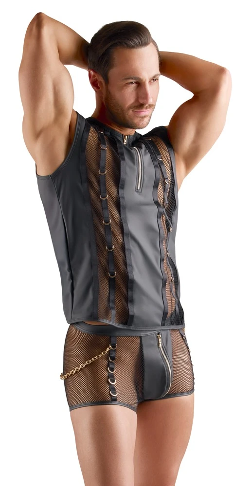 Sexy Netz-Shirt Herren schwarz mit Wetlook Mix und Reißverschluss vorne, elastisch mit auffälligen Ringen und körperbetonter Passform von Svenjoyment
