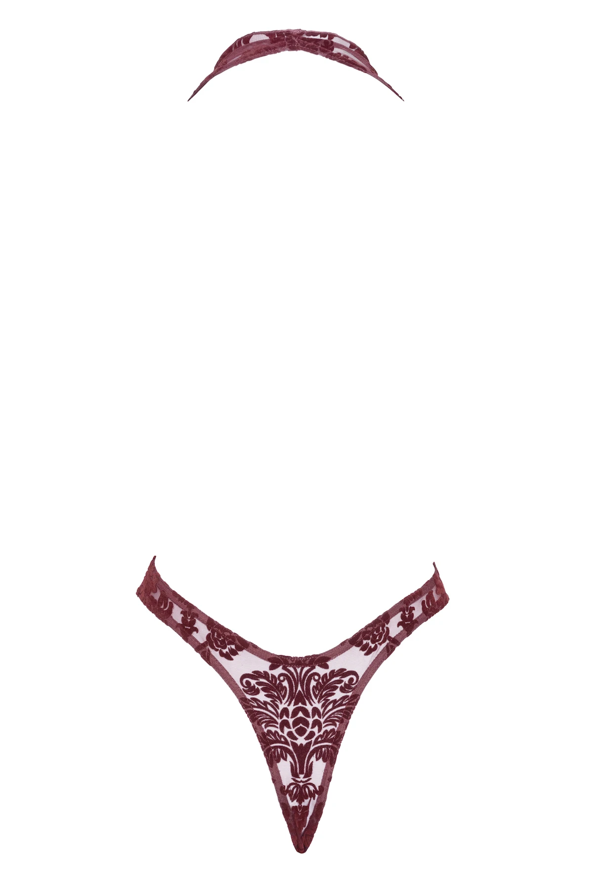 F386 Body Kinky Royal aus elastischem Netz mit floralem Samtdruck, tiefem Wasserfallausschnitt und offenem Rücken bis zum Po – von Noir Handmade