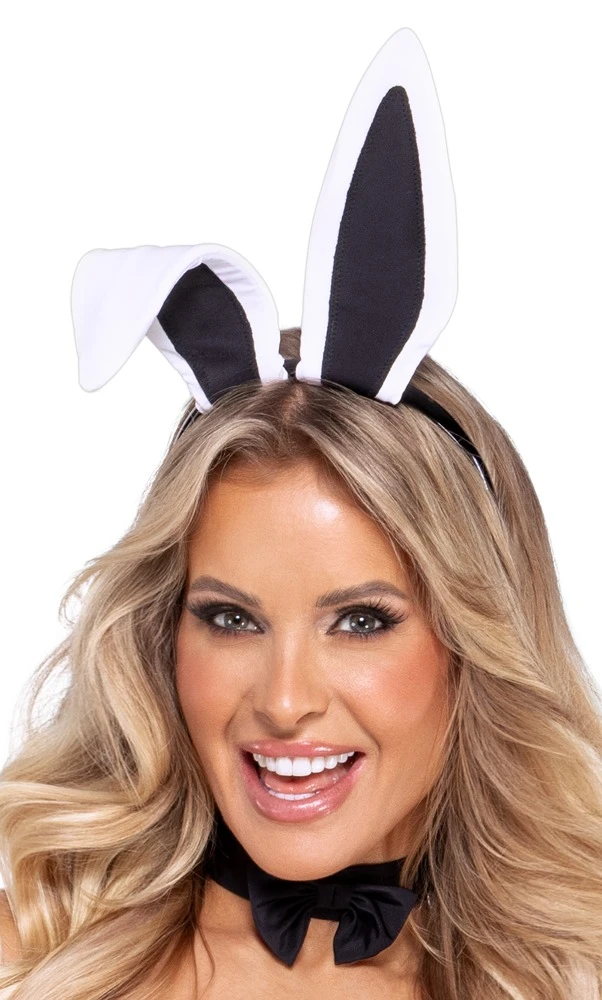 Cottelli Bunny-Kostüm-Set im stilvollen Mattlook mit schulterfreiem Straps-Body, Halsband, Haarreif mit Ohren und sexy Details