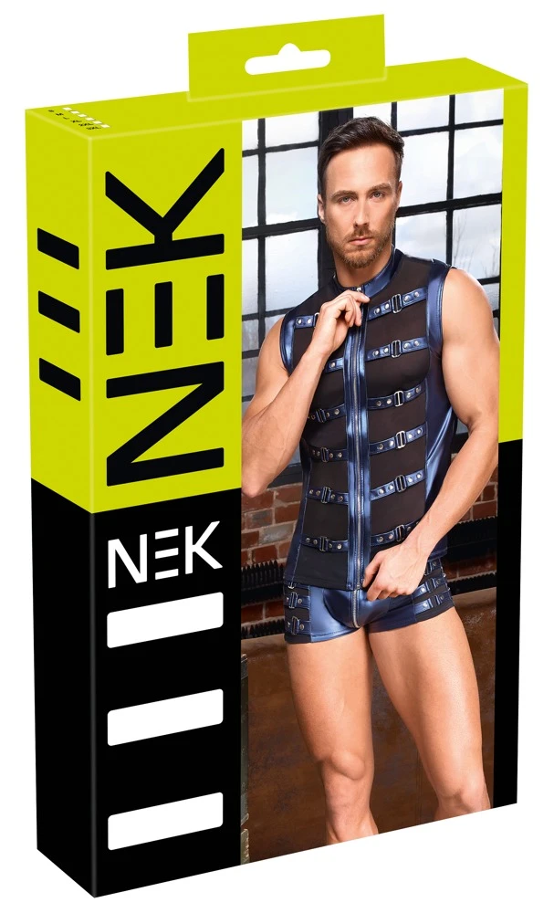 Ärmelloses Shirt von NEK mit Metallic-Mattlook in Blau, Powernet-Einsätzen, Stehkragen und Reißverschluss für markanten Style Ärmelloses Shirt von NEK mit Metallic-Mattlook in Blau, Powernet-Einsätzen, Stehkragen und Reißverschluss für markanten Style