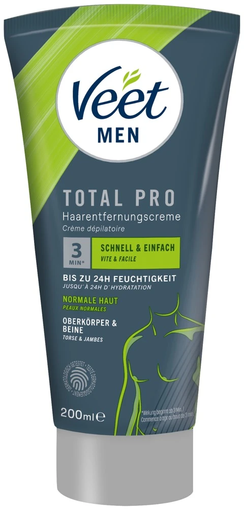 Veet Men TOTAL PRO Haarentfernungscreme für Oberkörper und Beine mit schneller Haarentfernung in 3–6 Minuten, glatter Haut, 24h Feuchtigkeit und ohne störenden Geruch 200 ml