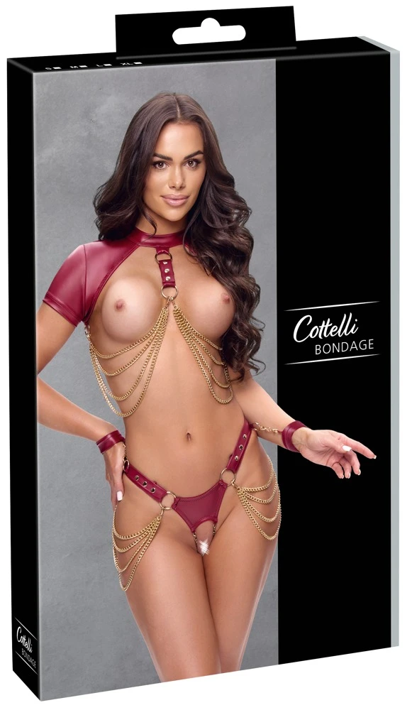 Ouvert-Set Sexy busenfreies Top & offener Riostring mit Soft-Handfesseln im edlen roten Mattlook – Cottelli BONDAGE