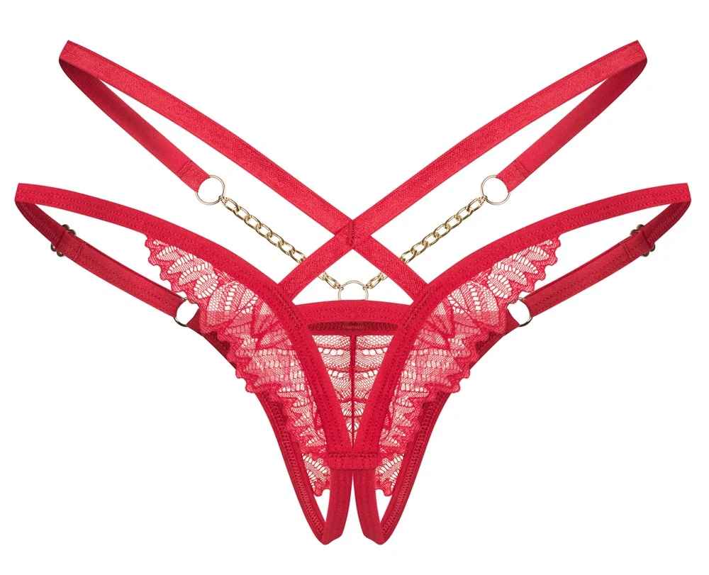 String ouvert Matildea in tiefem Rot mit feiner Spitze, verstellbarem Riemen-Style und goldfarbenen Kettchen für verführerisch offenen Luxus von Obsessive