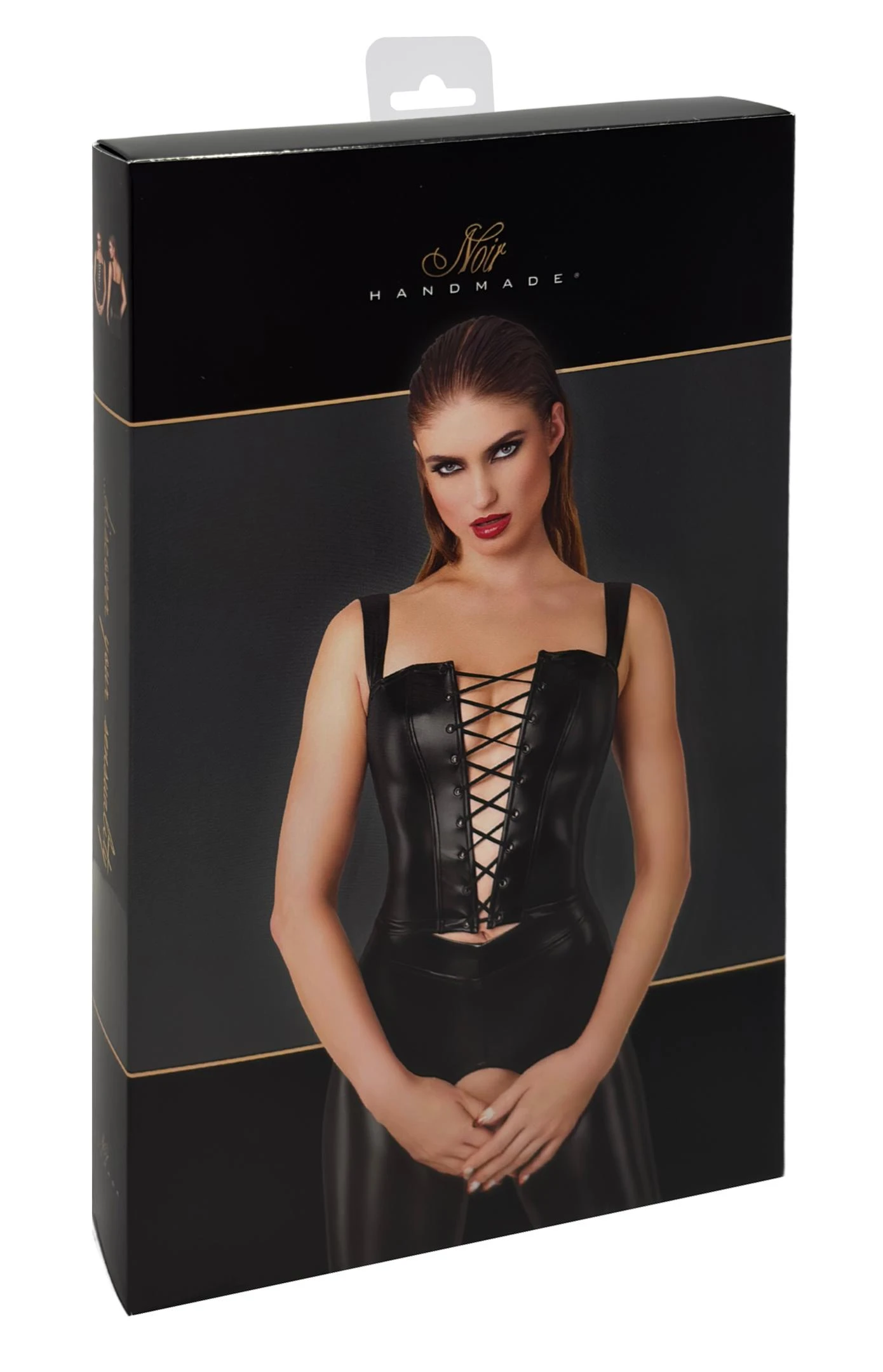 Lace-Up Kinky Corset Top Wetlook schwarz mit breiten Trägern, vorderer Schnürung und Reißverschluss hinten – auffälliges Fashion-Statement für selbstbewusste Styles F365 Noir Handmade