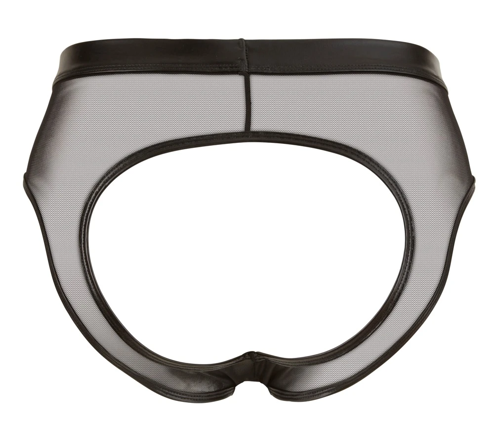 Pofreier Herrenslip von Svenjoyment in Schwarz. Elastische Materialkombination Wetlook mit leicht transparentem Powernet.