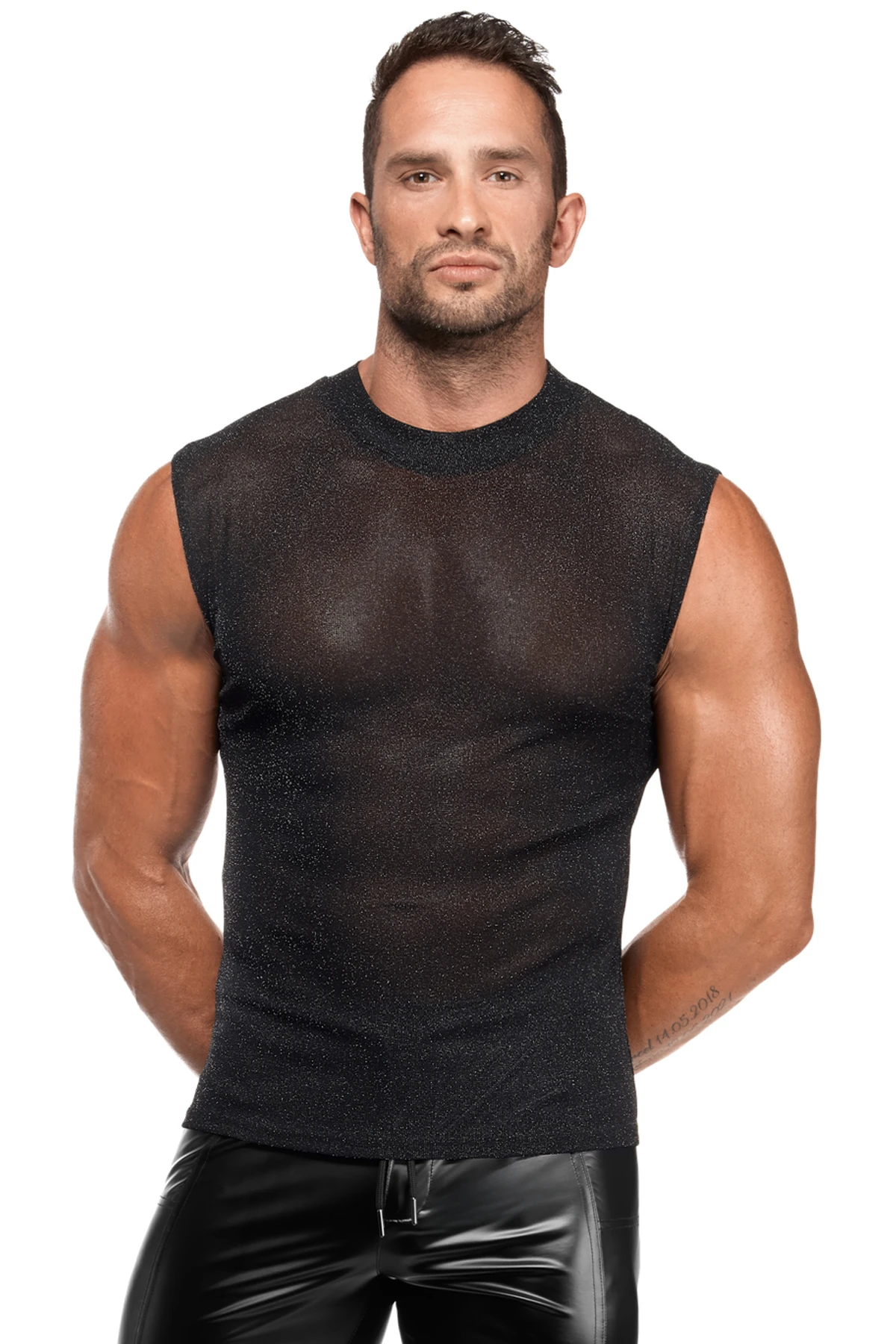 Transparentes Feinnetz Tank Top H083  von Noir Handmade Men im silber schimmernden Look, das den Oberkörper markant betont und jede Bewegung flexibel unterstützt