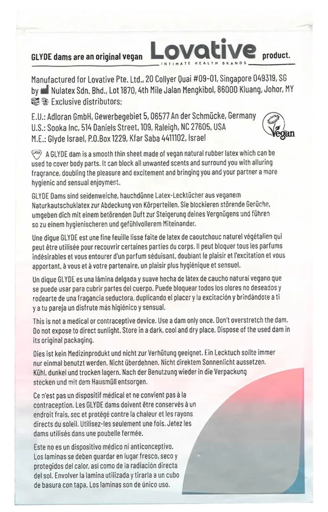 GLYDE Dams Lecktuch Vanille 4, Dams Vanilla vegane Lecktücher aus Latex mit Vanille-Aroma, hauchdünn und seidenweich für hygienischen Oralverkehr, großformatig 15 x 25 cm einzeln verpackt