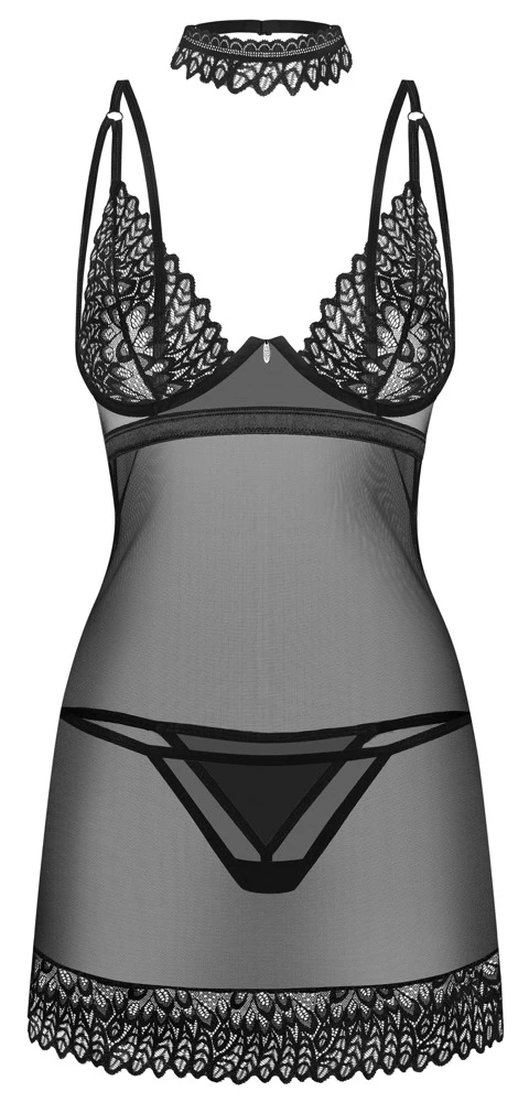 Obsessive Schwarzes 3-teiliges Set mit Negligé, String und Halsband. Aus feinem Stretchtüll mit aufwendigen Stickereien an Cups