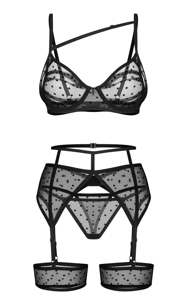 3-teiliges Set Nuites von Obsessive: BH, Strapsgürtel & String in edlem transparentem Design mit zarten Details