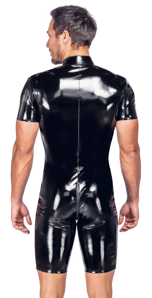 Lack Herren Kurzoverall, Lack-Overall mit kurzem Arm und Bein von Black Level im schwarzen Glanz mit unterlegtem 3-Wege-Zipper vom Stehkragen bis über den Po