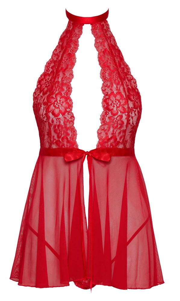 kissable Rückenfreies Babydoll Lingerie, Reizwäsche, Rot, Babydoll & String aus Spitze und Powernet