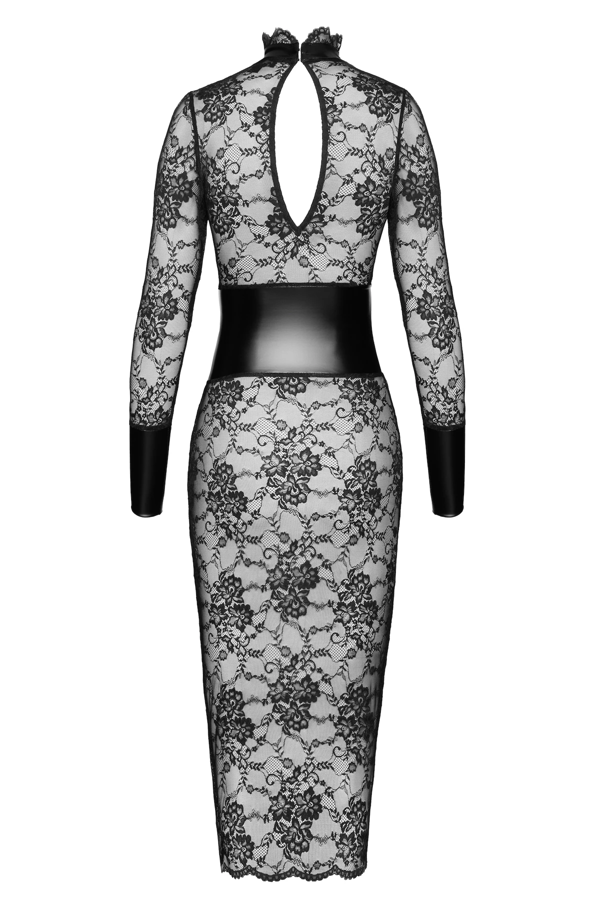 Halblanges Kinky Kleid Noirelle aus Spitze Noir Handmade F375 mit hohem Stehkragen, Powerwetlook-Korsett und verstellbarer Schnürung für eine markante, formbetonte Silhouette mit raffinierten Details
